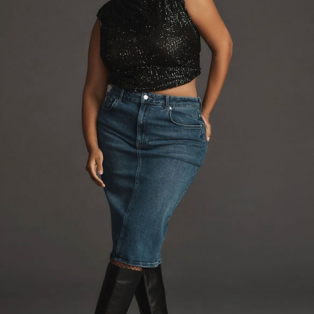Anthropologie Dark Blue Denim Pencil Skirt